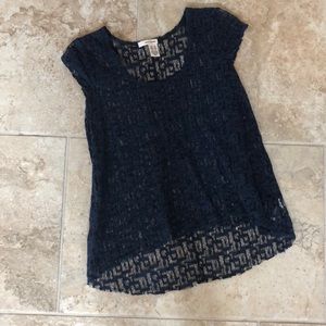 DKNY navy lace sheer scoop neck top XS